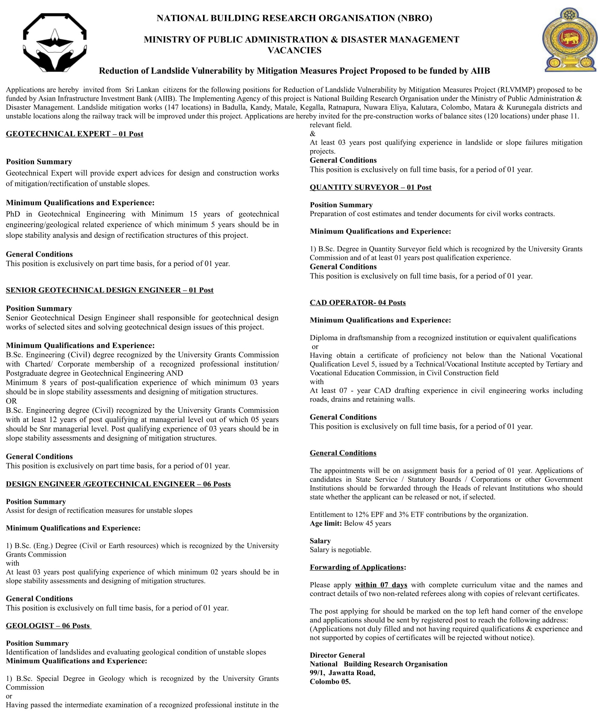 Geotechnical Expert, Senior Geotechnical Design Engineer, Design Engineer, Geotechnical Engineer, Geologist, Quantity Surveyor, Cad Operator - National Building Research Organization (NBRO)